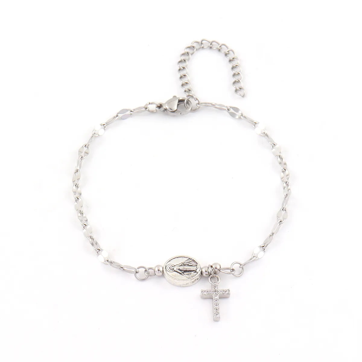 PULSERA VIRGEN MARIA CON CRUZ PLATEADO