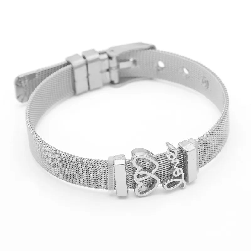 PULSERA TIPO RELOJ CORAZON CON DIJES PLATEADO