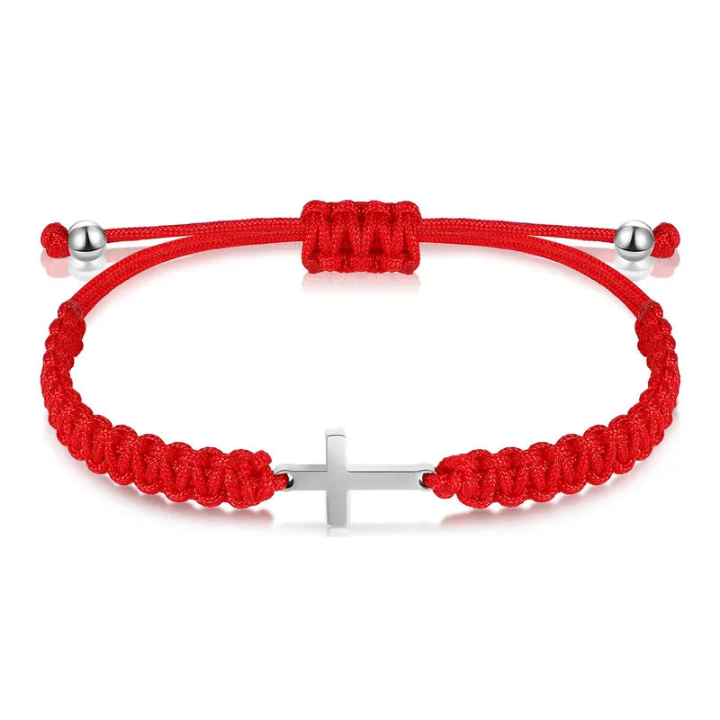 PULSERA TEJIDA ROJA CON DIJE DE CRUZ