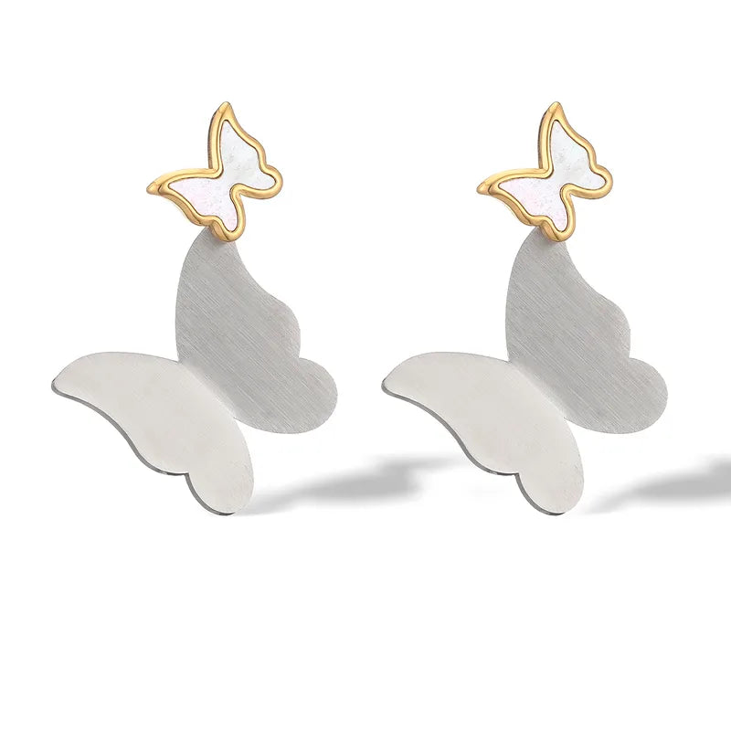 Aretes doble mariposa nacarada plateado