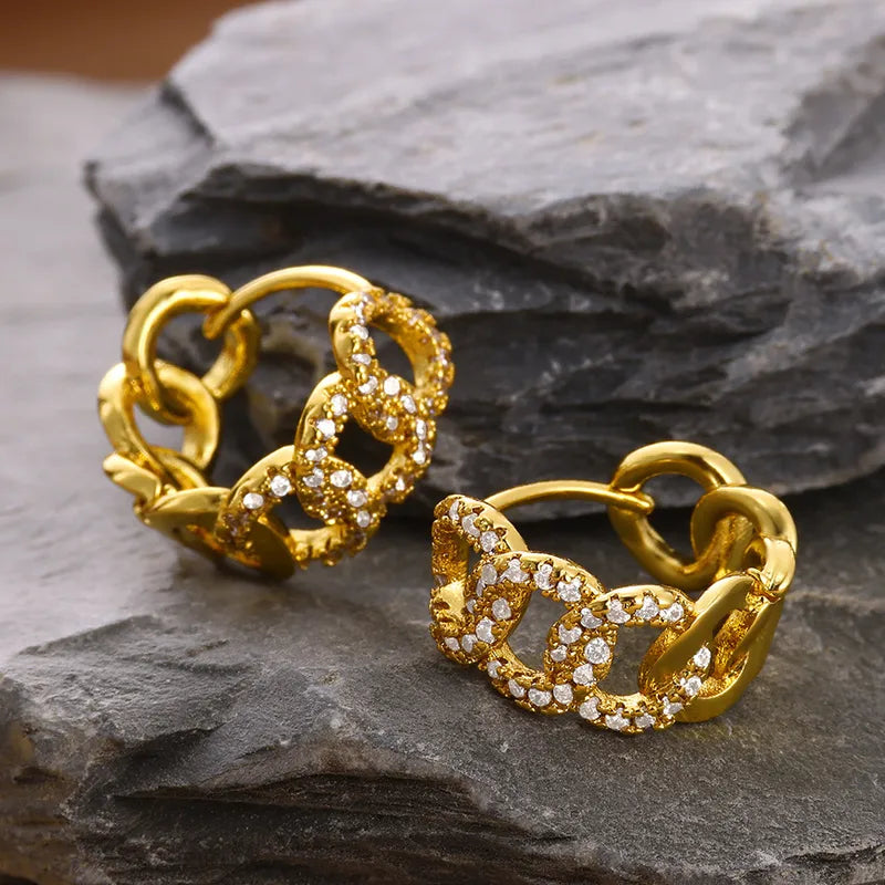 ARETES ARGOLLA DOBLE FUNCION ESLABONES ZIRCONES DORADO