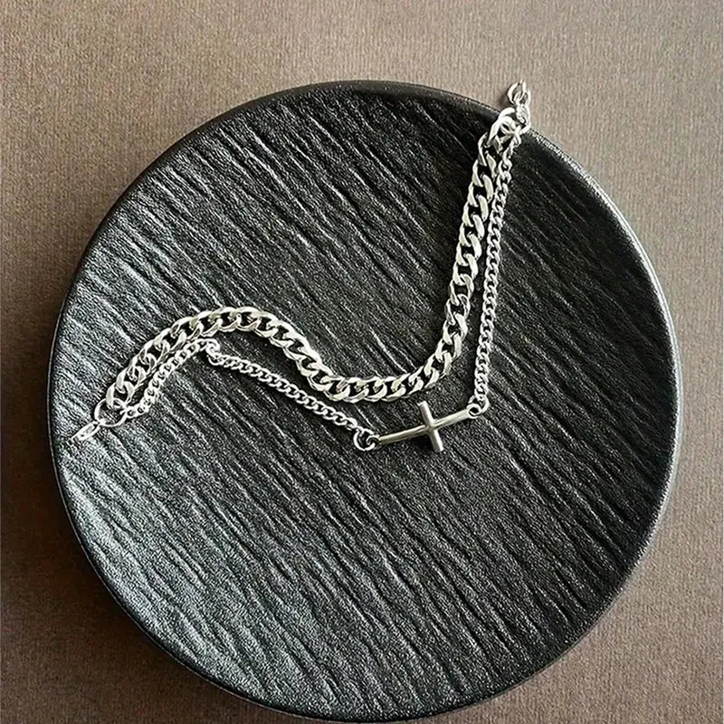 PULSERA DOBLE ESLABONES CON CRUZ PLATEADO