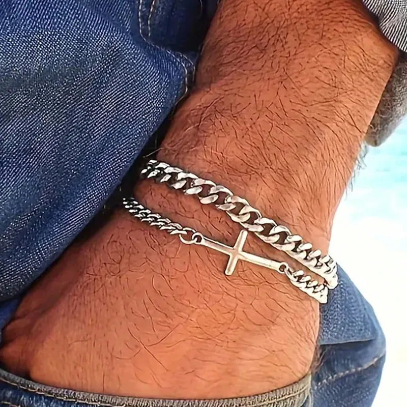 PULSERA DOBLE ESLABONES CON CRUZ PLATEADO