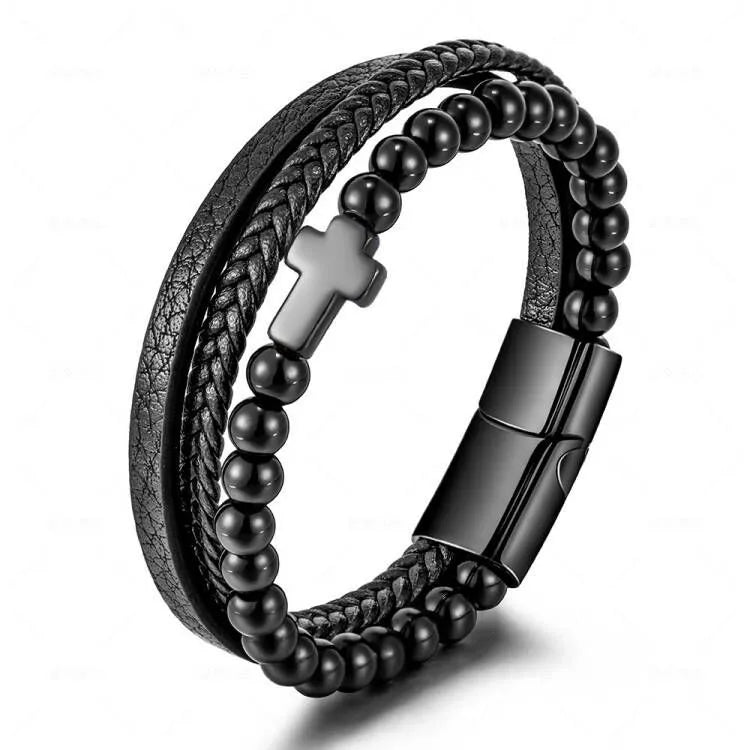 PULSERA TRIPLE CON IMAN NEGRO CRUZ