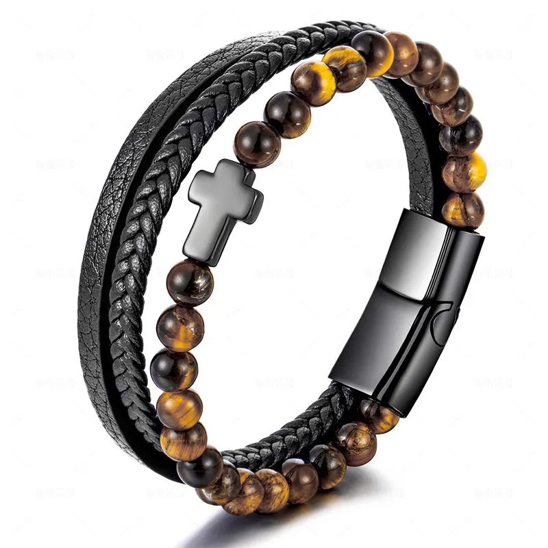 PULSERA HOMBRE CON CUENCAS OJO DE TIGRE CRUZ NEGRO