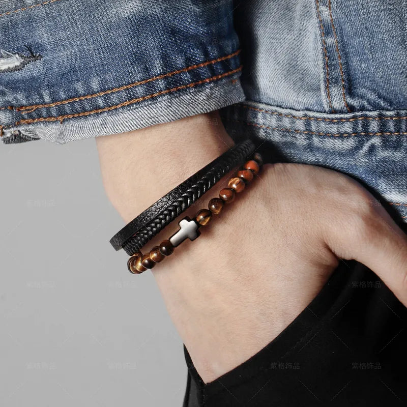 PULSERA HOMBRE CON CUENCAS OJO DE TIGRE CRUZ NEGRO