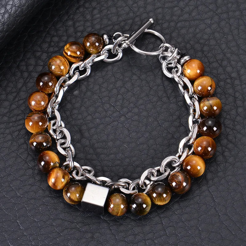 PULSERA HOMBRE CUENCAS OJO DE TRIGRE CON BROCHE DELANTERO