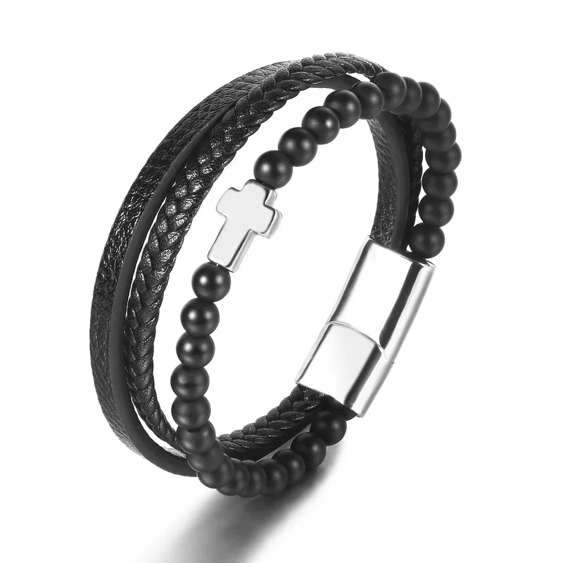 PULSERA DE HOMBRE TRIPLE CON CRUZ NEGRO- PLATEADO