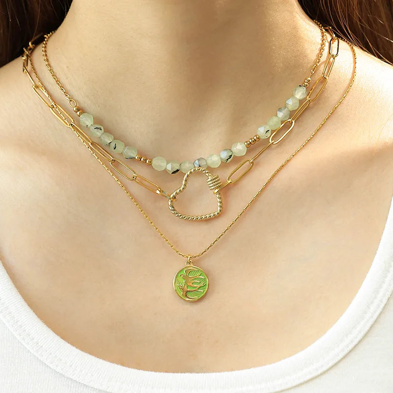 LAYER TRIPLE CORAZON CON PERLA VERDE AQUA DORADO