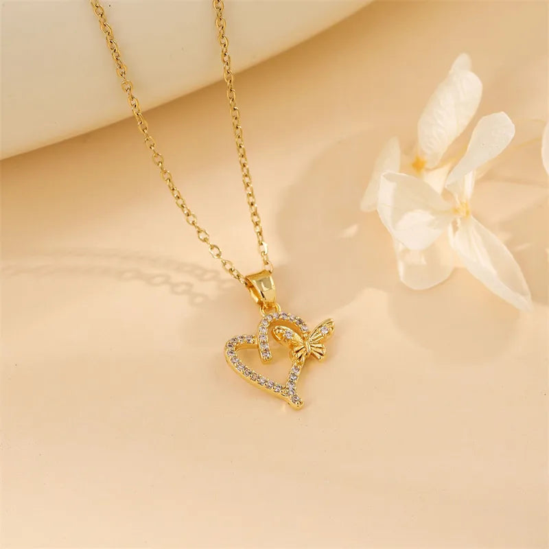 CADENA DIJE CORAZON Y MARIPOSA