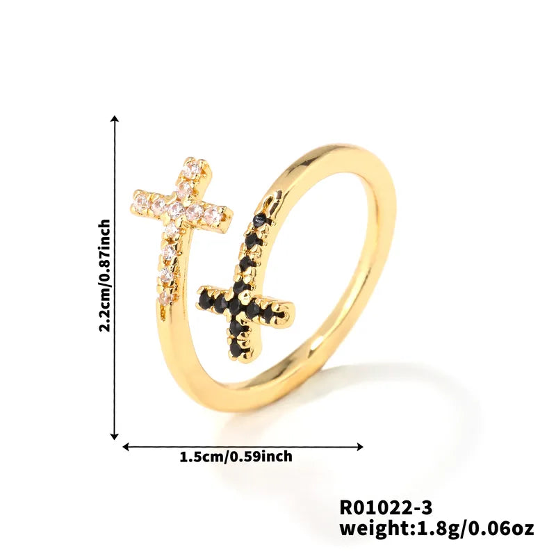 ANILLO DOBLE CRUZ CON ZIRCONES NEGRO DORADO