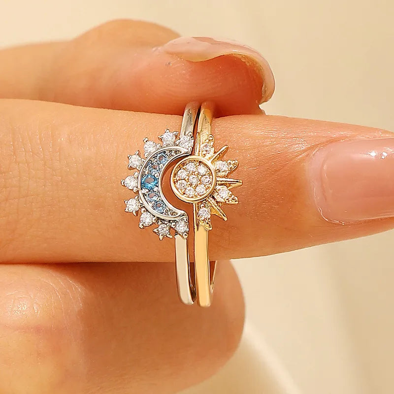 ANILLO DOBLE LUNA Y SOL PLATEADO DORADO