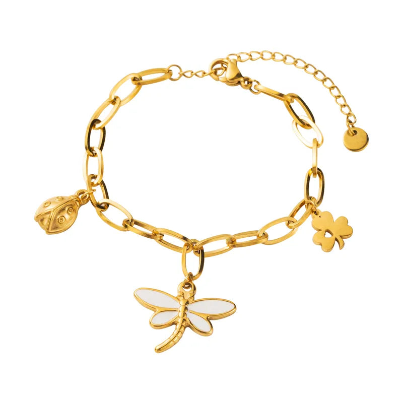 PULSERA DE LIBELULA BLANCA CON ESLABONES DORADO