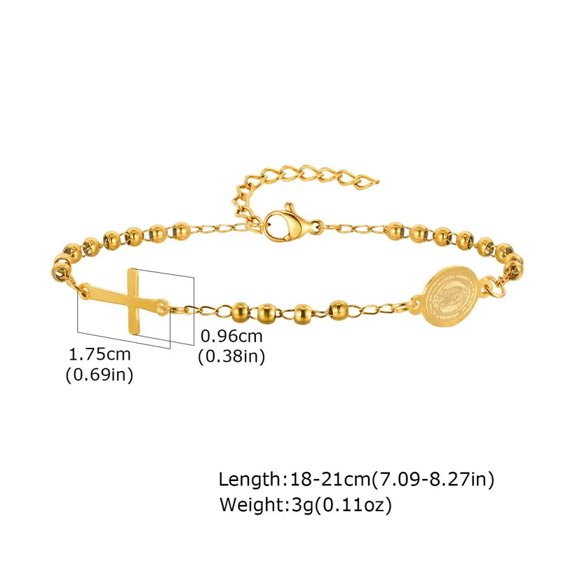PULSERA DENARIO VIRGEN CON CRUZ BALINES DORADO