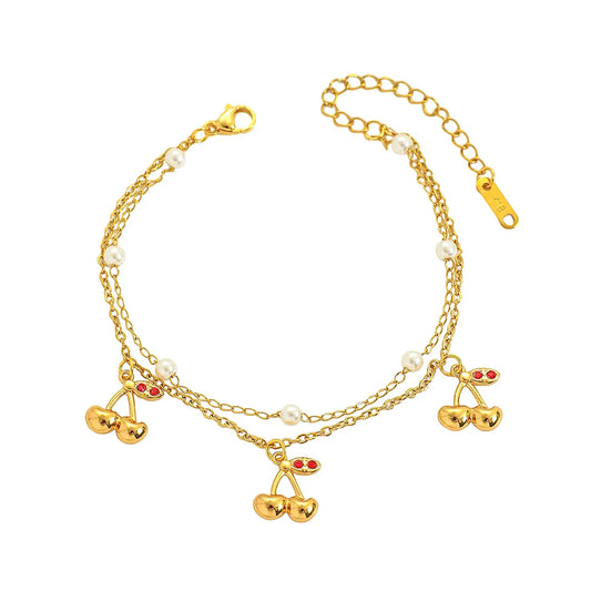 PULSERA DOBLE DE CHERRYS CON ZIRCONES DORADO