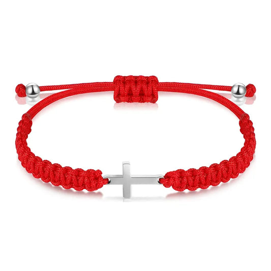 PULSERA TEJIDA ROJA CON DIJE DE CRUZ