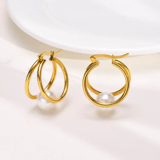 ARETES ARGOLLA DOBLE CON PERLA DORADO