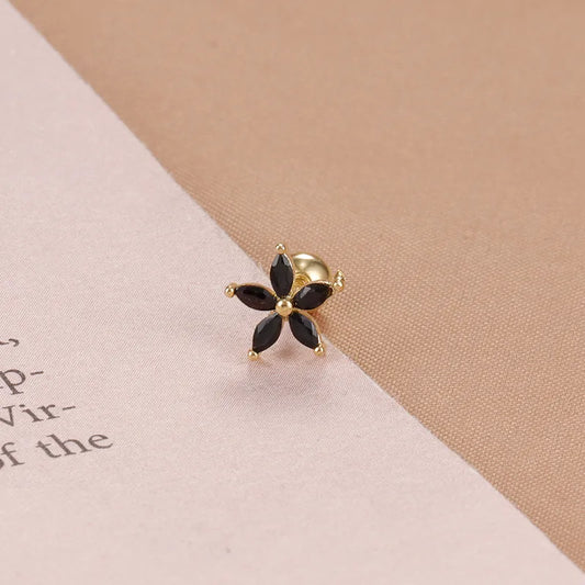 ARETES ORTOPEDICOS DE FLOR CON ZIRCONES NEGRO PLATEADO