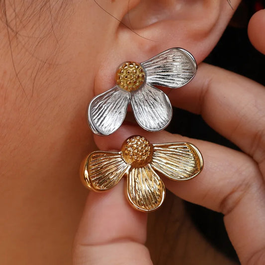 ARETES DOBLE COLOR DE FLOR PLATEADO