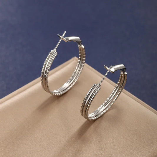 ARETES ARGOLLAS BASICAS PLATEADO DOBLE LINEA