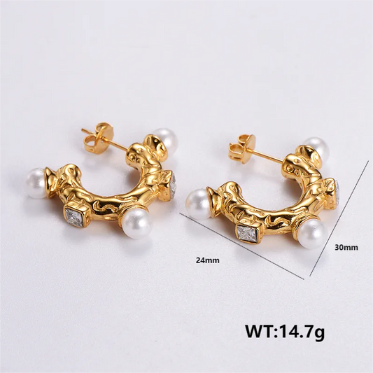 ARETES ARGOLLAS CON PERLAS Y ZIRCONES DORADO