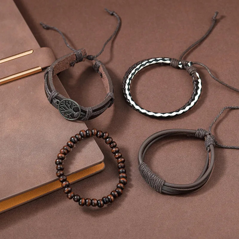 HOMBRESET DE 4 PULSERAS ARBOL VIDA CAFE
