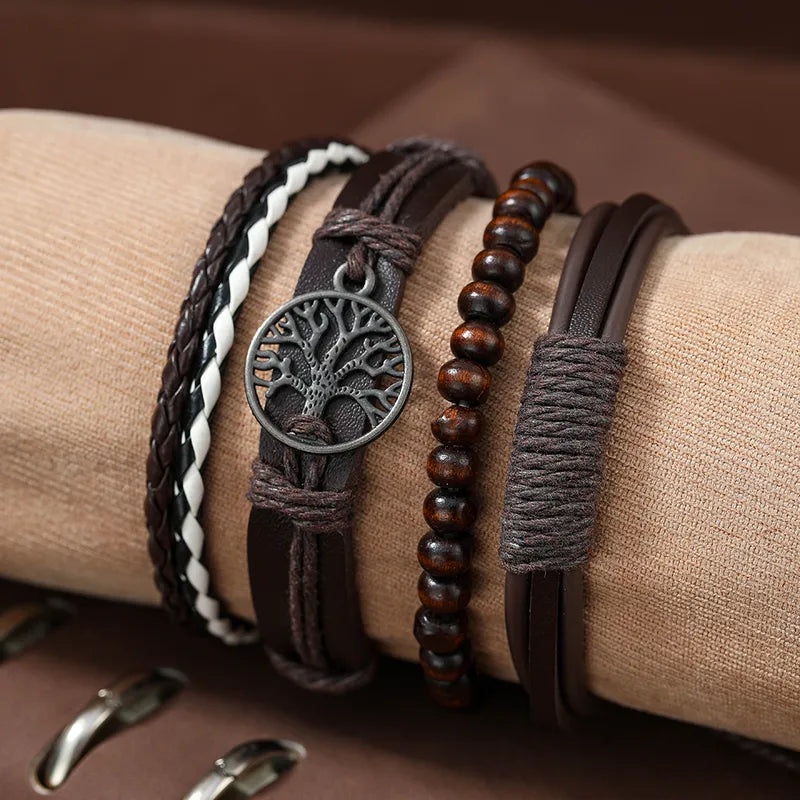 HOMBRESET DE 4 PULSERAS ARBOL VIDA CAFE