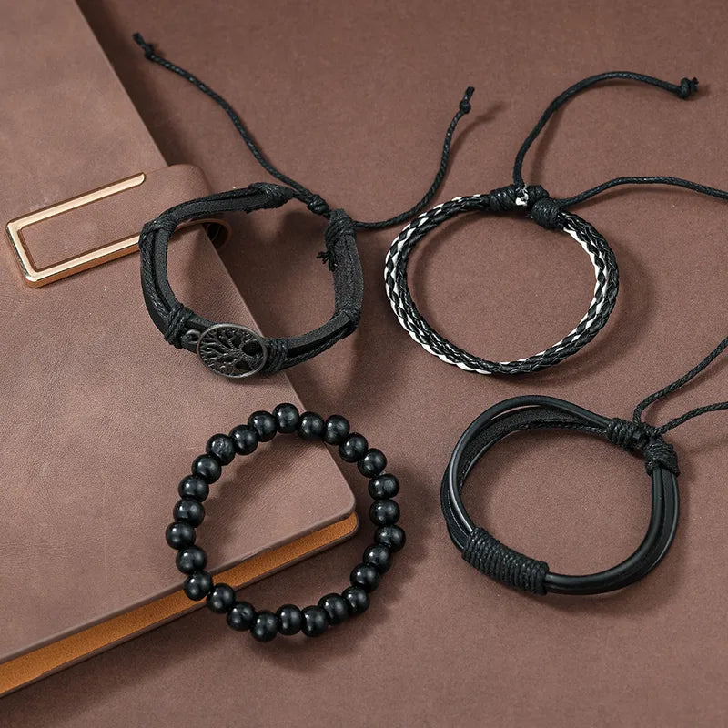 HOMBRE SET DE 4 PULSERAS NEGRO ARBOL VIDA