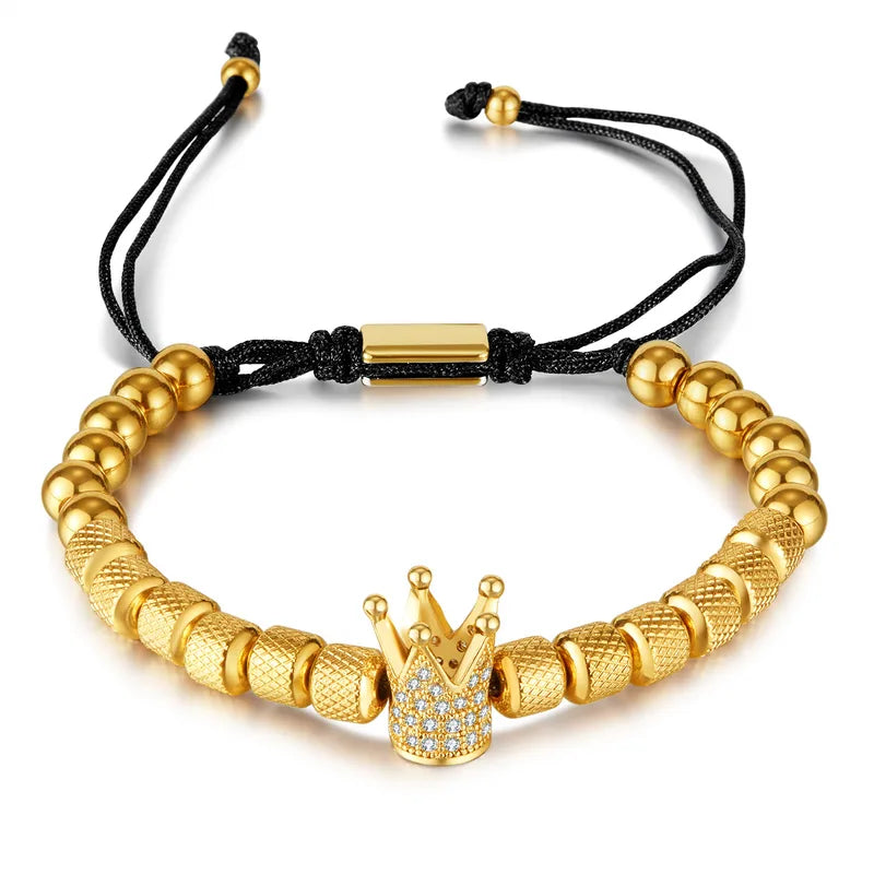 HOMBRE PULSERA AJUSTABLE DE BALINES DORADO CON CORONA