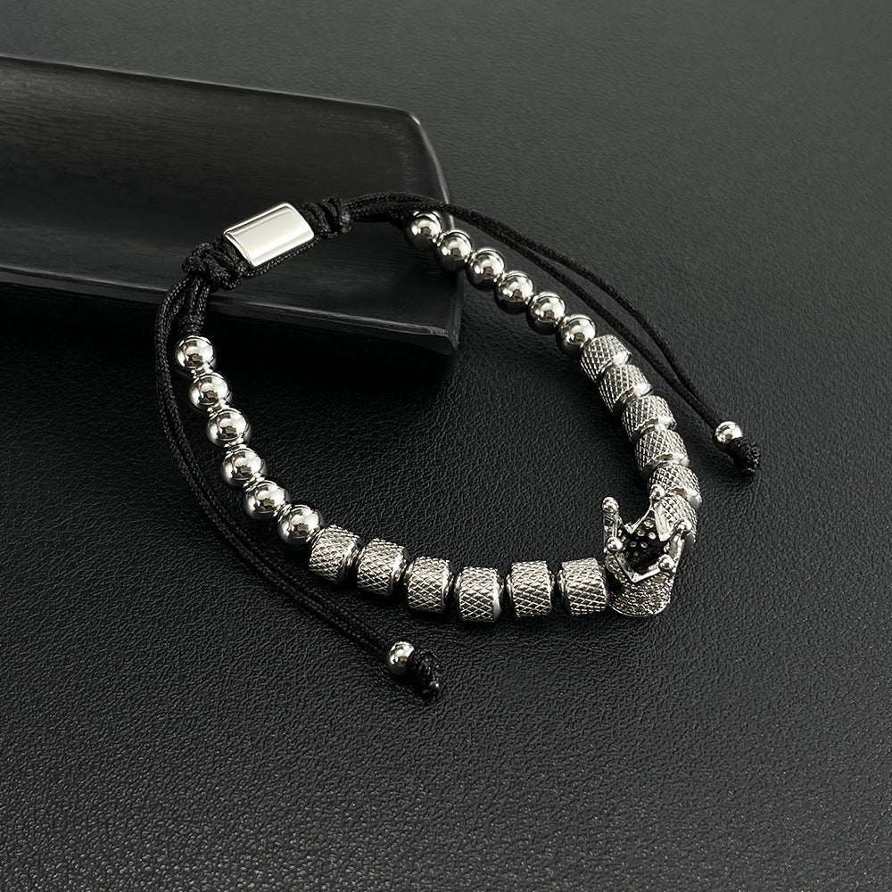 HOMBRE PULSERA AJUSTABLE DE BALINES PLATEADO CON CORONA