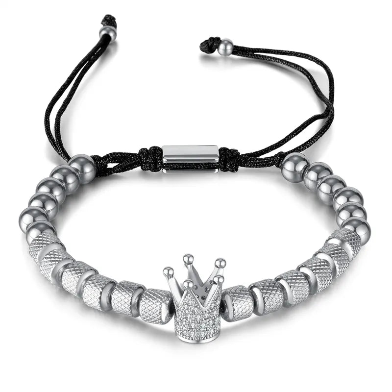 HOMBRE PULSERA AJUSTABLE DE BALINES PLATEADO CON CORONA