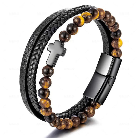 PULSERA HOMBRE CON CUENCAS OJO DE TIGRE CRUZ NEGRO