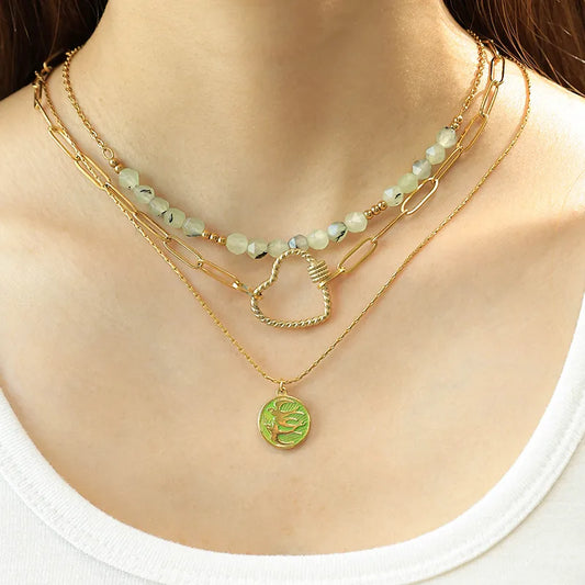 LAYER TRIPLE CORAZON CON PERLA VERDE AQUA DORADO