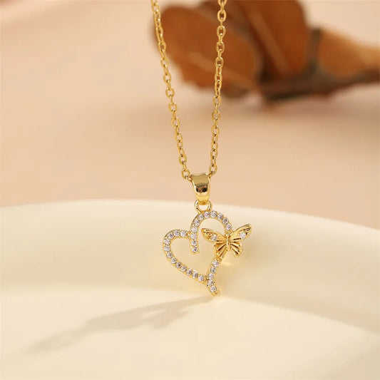 CADENA DIJE CORAZON Y MARIPOSA