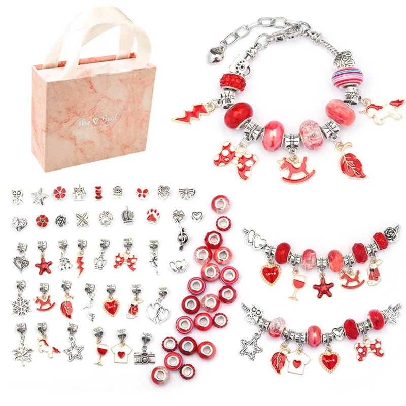 PANDORA SET DE DIJES ROJOS CON PULSERAS PLATEADO
