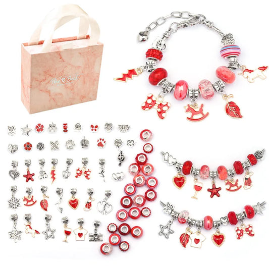 PANDORA SET DE DIJES ROJOS CON PULSERAS PLATEADO