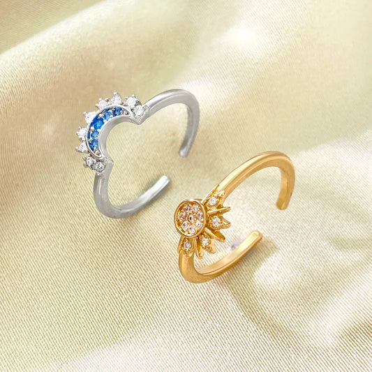 ANILLO DOBLE LUNA Y SOL PLATEADO DORADO