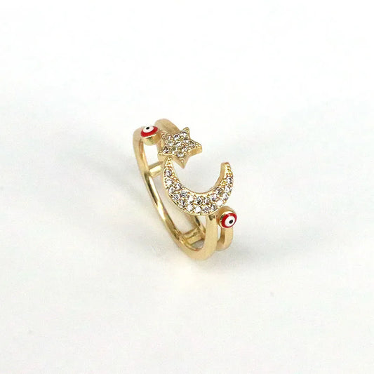 Anillo ojo turco con luna y estrellas rojo